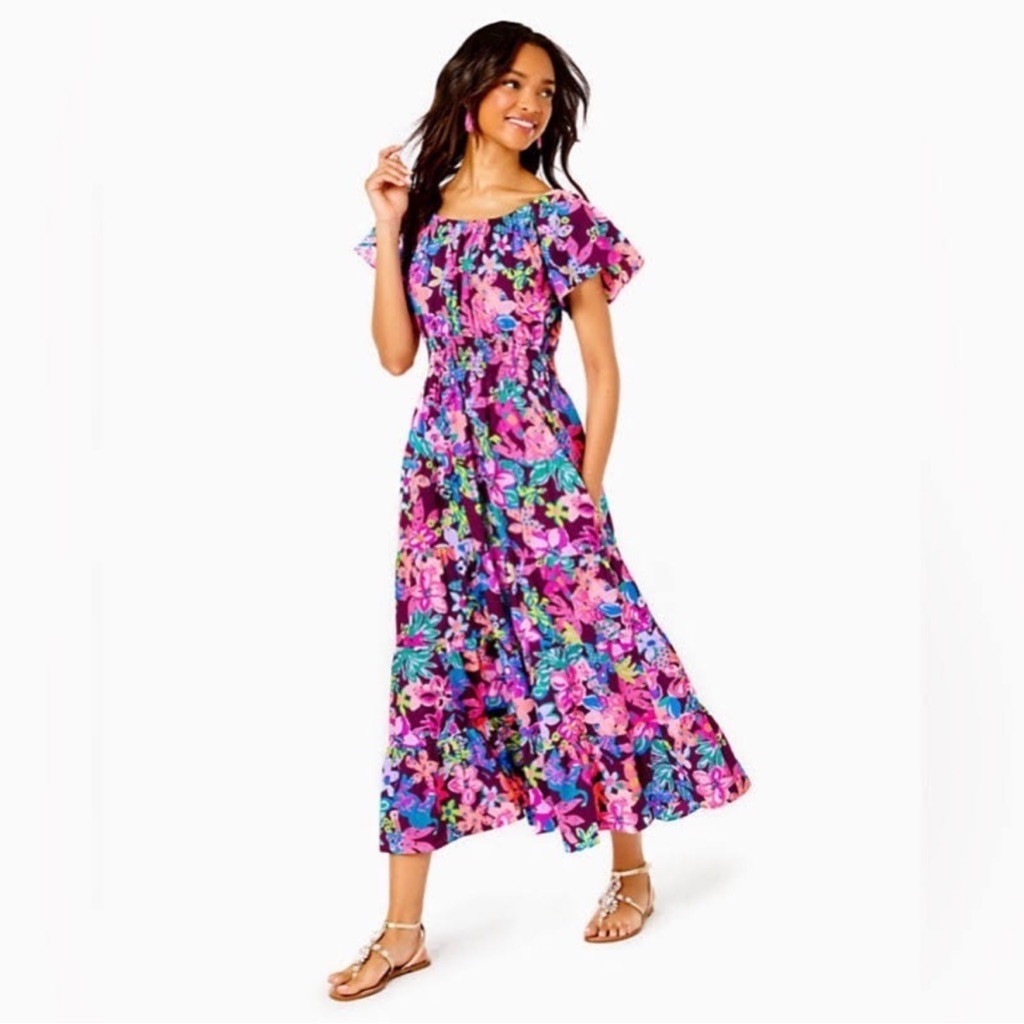 Lilly Pulitzer Ellabell Midi Dress Pink Floral Smocked Waist Size Medium Nwt
